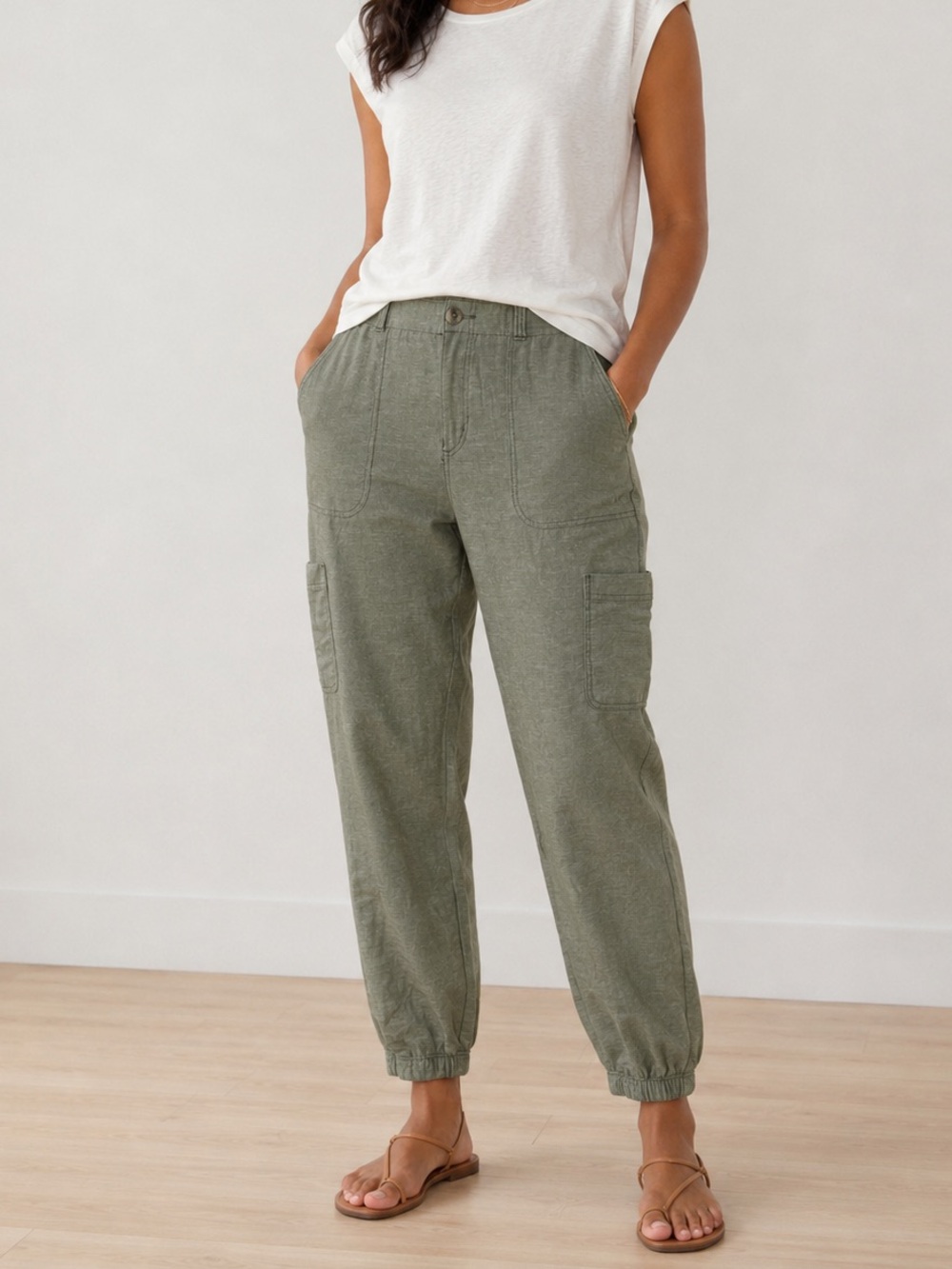 Sonoma Linen Blend Cargo Jogger Pants Women’s 16 Olive Green Casual Utility